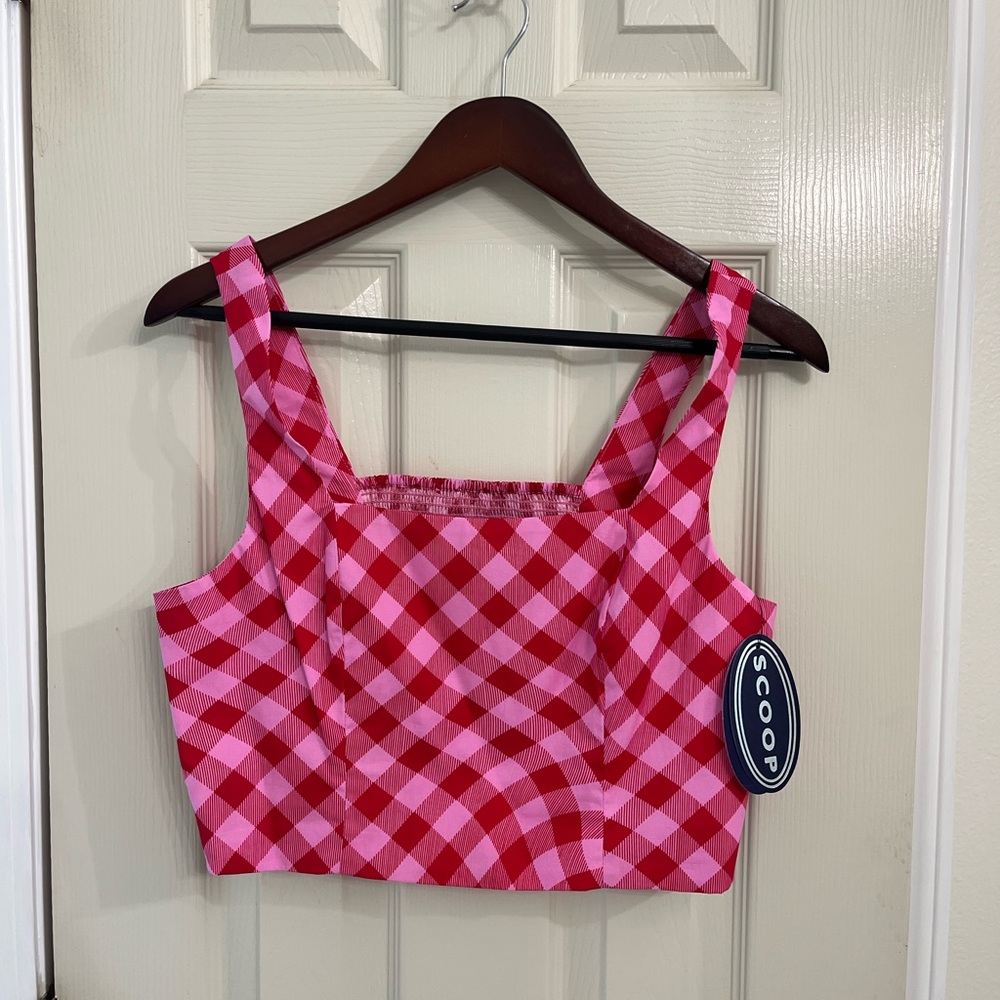 Scoop Pink Red Gingham Square-Neck Crop Tank Top